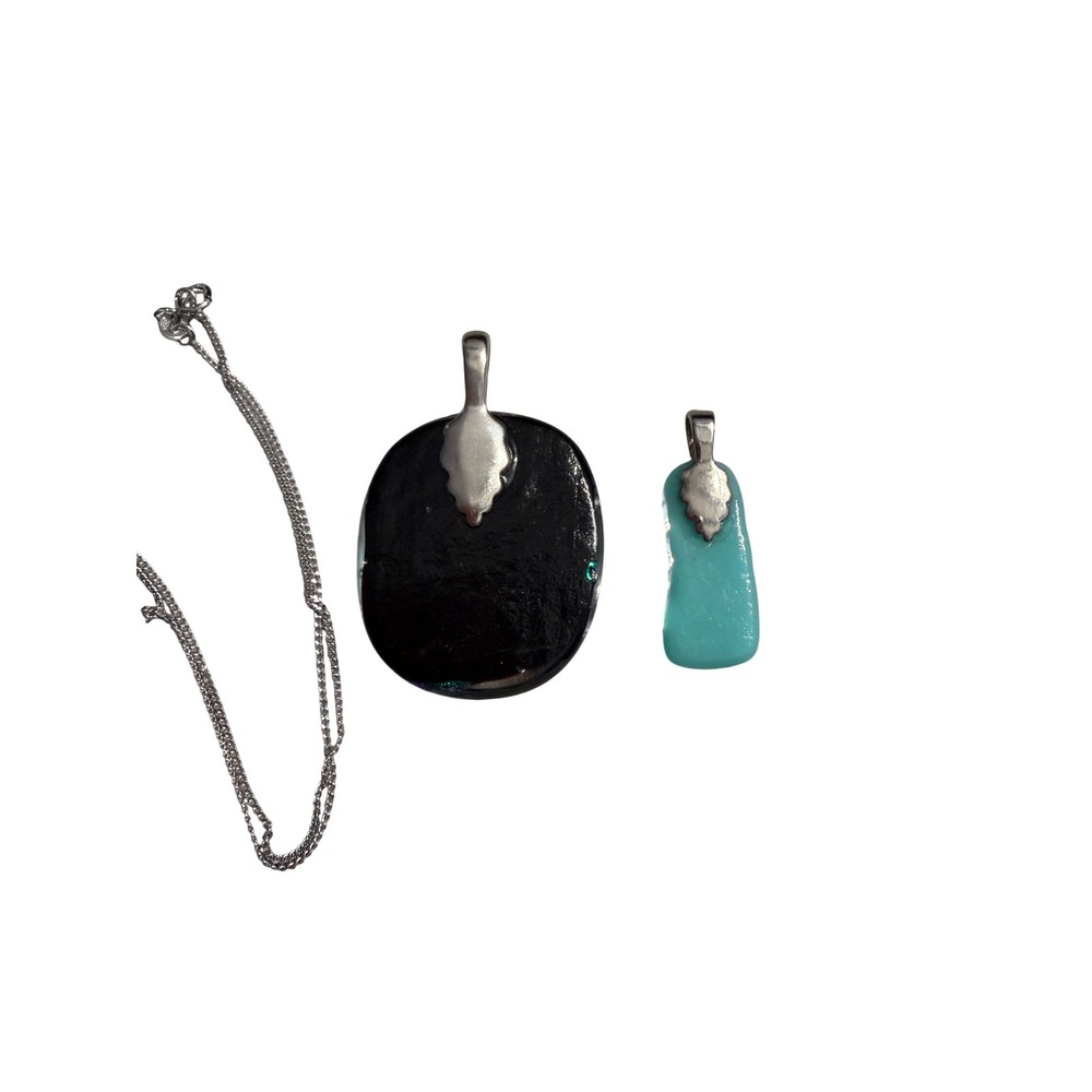 Dichroic Fused Glass Pendant Necklace Set Blue Aqua Iridescent Silver Chain - Picture 2 of 8